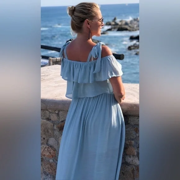 FLAWLESS MAXI DRESS. Tie straps w/off shoulder ruffle. Pale Blue. Size M. - Picture 2 of 7